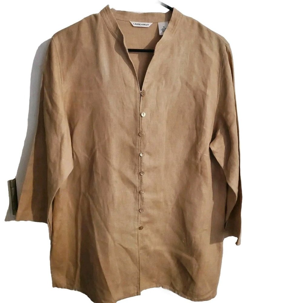Laura Ashley Blouse XL Ladies 100% Linen  Shirt Khaki 3/4 Sleeve ButtonFront VTG